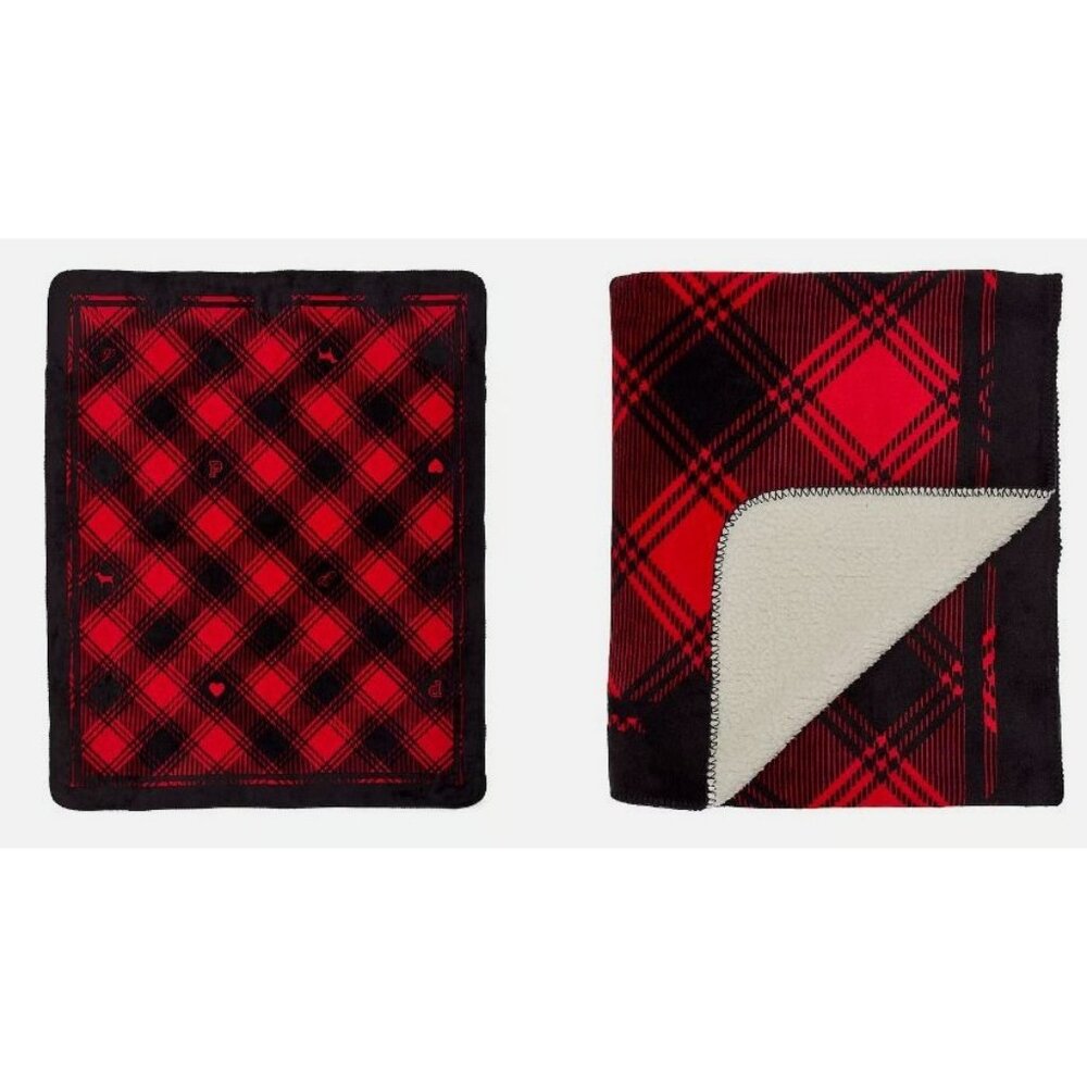 Victoria Secret Red & Black Plaid Plush Sherpa Throw Blanket‎ 50" X 60"  New